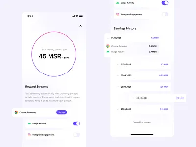 Reward Steams UI designed for Measure Protocol data sharing design earnings mobile app mobile app design reward streams rewards ui ui design ux ux design