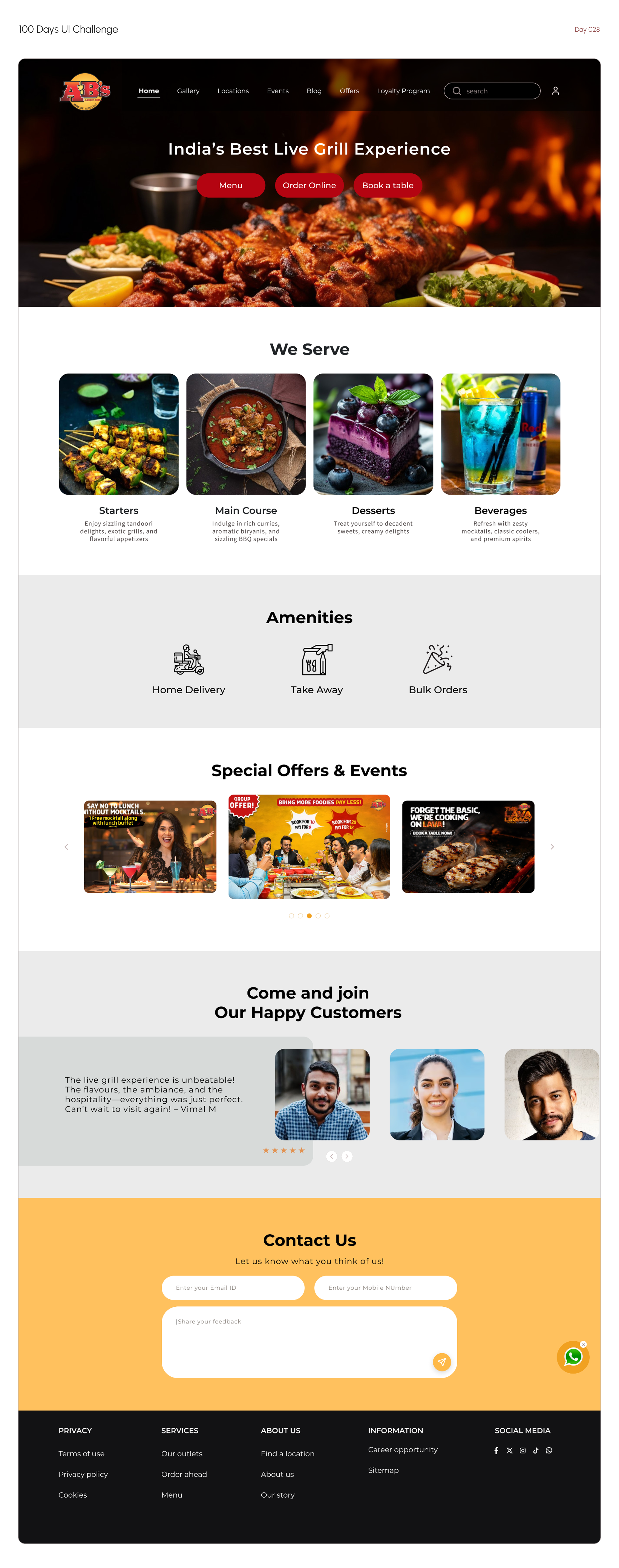 Day 28 - Restaurant Contact Landing Page 100daysofuichallenge 100daysui absolutebarbecues barbeque contactus contentmarketing dailyui day28 design figma graphicdesign landingpage onlinemarketing portfolio productdesign restaurantui socialmedia ui ux webdesign