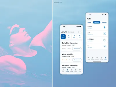 Swimming pool app concept. Schedule & profile statistics app book calendar data mobile pool profile schedule session statistics swim swimming pool training trainings visits