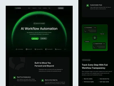 Autonity - AI Automation Landing Page ai ai powered platform animate artificial intelligence automation b2b clean clean interface crm dark theme dipa inhouse dynamic landing page marketing modern design saas startup web design website workflow optimization