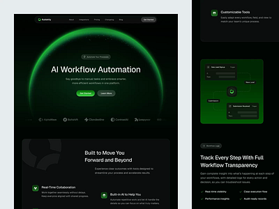Autonity - AI Automation Landing Page ai ai powered platform animate artificial intelligence automation b2b clean clean interface crm dark theme dipa inhouse dynamic landing page marketing modern design saas startup web design website workflow optimization