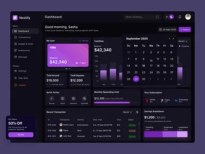 Nestify - Fintech Dashboard branding dark dashboard dashboarddark design fintech landingpage ui ui design uiux user research