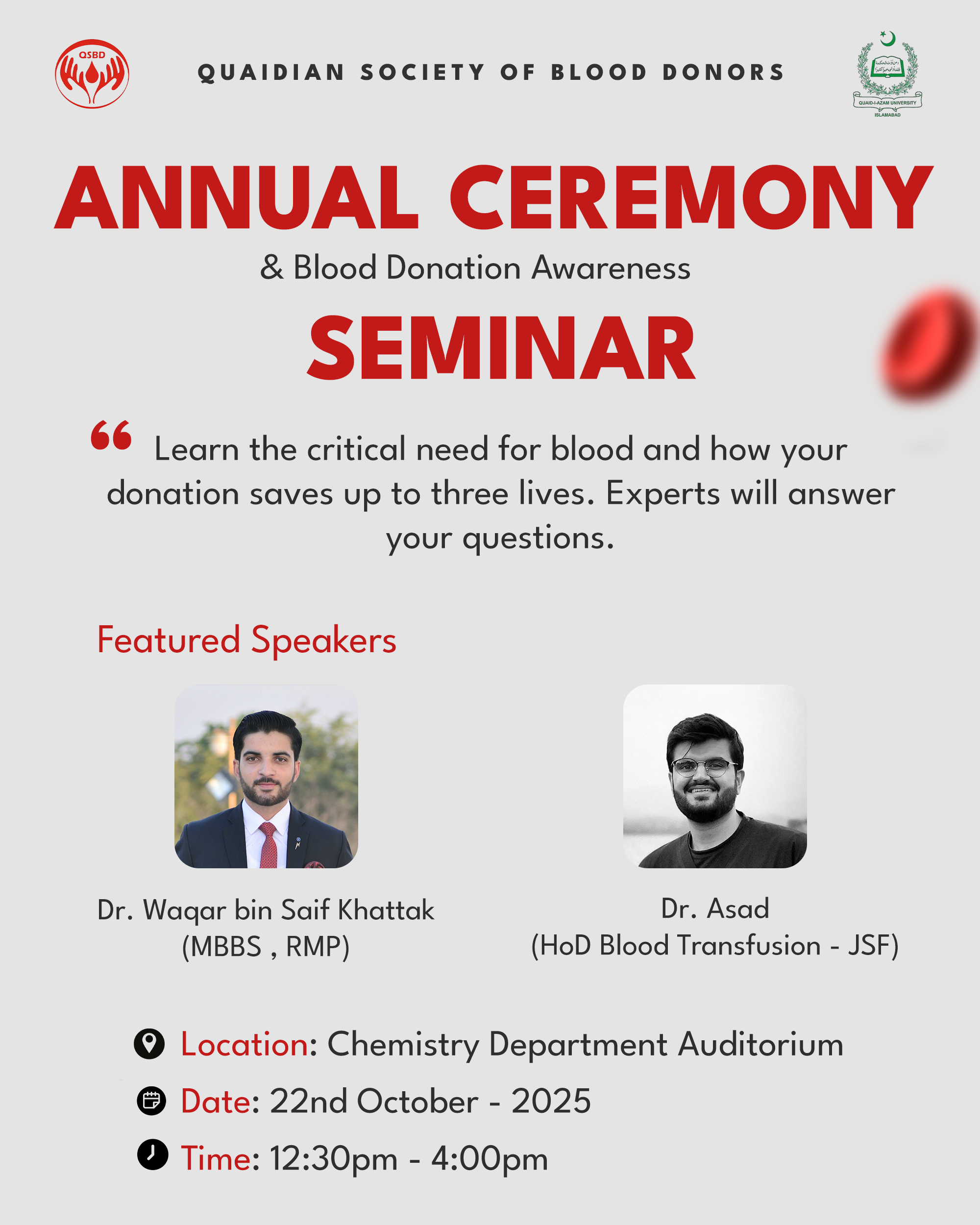 A poster for Annual Ceremony of QSBD and Blood Donation Seminar blood donation instagram post poster