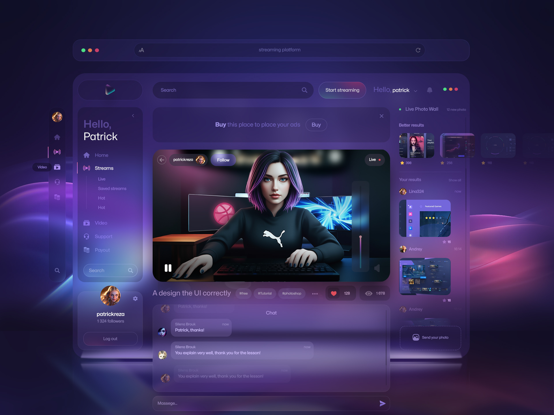 Live Design Learning App blue blur dark dashboard figma gradient interactiondesign live livechat material design messages neon online chat photowall purple shadows streaming streaming platform ui ux