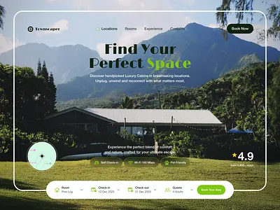 Townscaper — Luxury Cabin Booking Website bookingui dribbbledesign figmadesign greenui landingpage luxurycabins minimaldesign modernweb naturedesign travelapp travelwebsite uidesign uxdesign webdesign