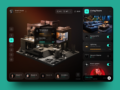 Smart Home Control Dashboard - 3D Interface 3d ui 3d visualization ai interface dark mode ui dashboard design figma design home automation interaction design neumorphism product design smart home app smart home ui smart tech ui design ux design web app