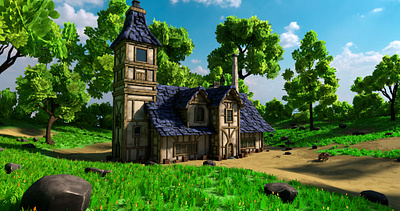 Stylized Medieval House 12 With Environment 3d Model 3d 3dartwork 3dmodel art barrel blender3d cart cottage environment exterior fantasy forest grass house landscape medieval render rock stylized tree