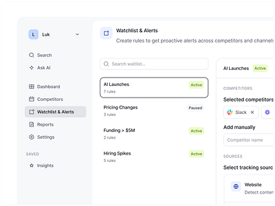 Watchlist & Alerts ai alerts automation b2b b2c competitors light minimal product design rules saas schedule ui watchlist
