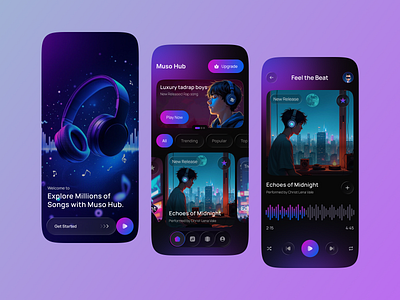 Music App – Stream, Discover & Enjoy app design get started home home page mobile mobile app music music design music mobile app musicapp musician muso hub onboarding palylist player popular music splash screen ui ux