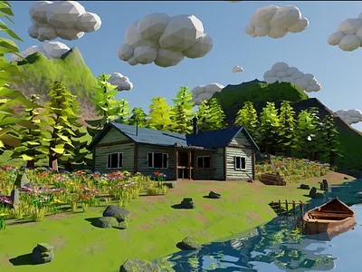 Mountain House River Scene 3D model 3d 3dmodel art blender3d boat conceptart environment exterior forest game grass house landscape logs mountain render river rocl tree