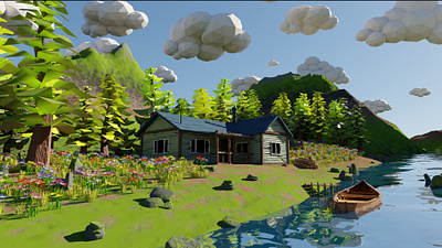 Mountain House River Scene 3D model 3d 3dmodel art blender3d boat conceptart environment exterior forest game grass house landscape logs mountain render river rocl tree