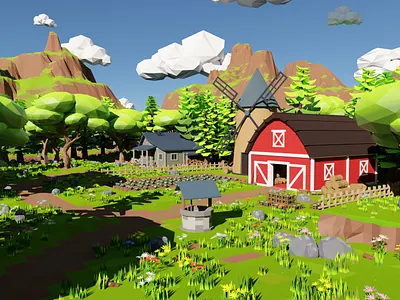 Farm Scene 3D model 3d 3dartwork 3dmodel art barn blender3d cartoon environment exterior farm flowers forest game grass house landscape render river rock tree