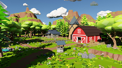 Farm Scene 3D model 3d 3dartwork 3dmodel art barn blender3d cartoon environment exterior farm flowers forest game grass house landscape render river rock tree