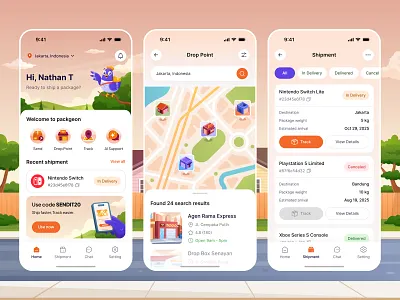 Packgeon - Parcel Delivery App 📦 2d illustration app character design colorful illustration delivery app friendly design fun illustration illustration ios mobile app design modern flat package service parcel delivery pastel colors product illustration shipment shipping illustration ui ui illustration vector illustration