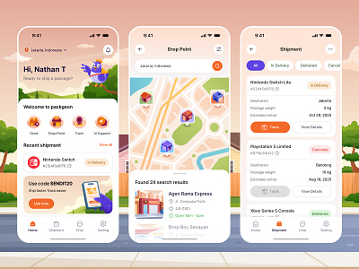 Packgeon - Parcel Delivery App 📦 2d illustration app character design colorful illustration delivery app friendly design fun illustration illustration ios mobile app design modern flat package service parcel delivery pastel colors product illustration shipment shipping illustration ui ui illustration vector illustration