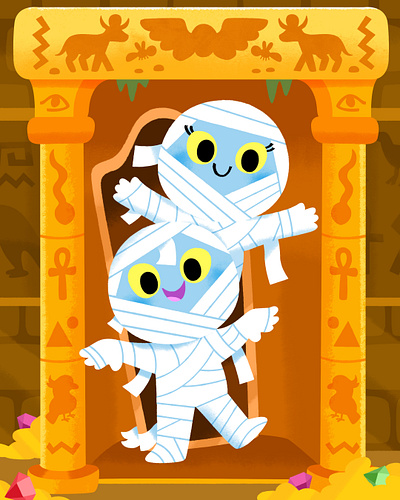 Wake up, little mummies! art cute egypt halloween illustration illustrator kids monster mummies mummy spooky tomb vibrant