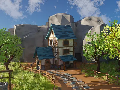 Low poly Medieval House scene Low-poly 3D model 3d 3dmodel art barrel blender3d design environment exterior fence forest grass house landscape medieval render rock rocks well