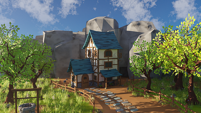 Low poly Medieval House scene Low-poly 3D model 3d 3dmodel art barrel blender3d design environment exterior fence forest grass house landscape medieval render rock rocks well