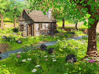Medieval House In Forest 3D model 3d 3dartwork 3dmodel art barrel blender3d bridge concept environment exterior flower forest grass house landscape render river rock tree