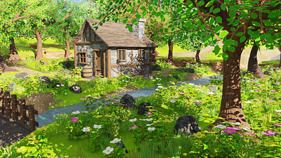 Medieval House In Forest 3D model 3d 3dartwork 3dmodel art barrel blender3d bridge concept environment exterior flower forest grass house landscape render river rock tree
