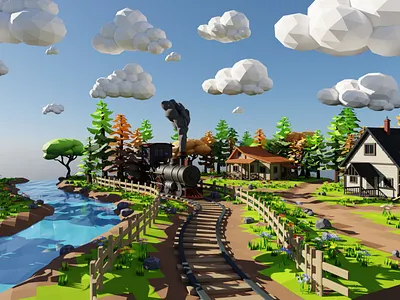 Isometric Train Scene 3D model 3d 3dmodel art blender3d environment exterior flower forest grass house isometric landscape nature render river train tree