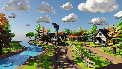 Isometric Train Scene 3D model 3d 3dmodel art blender3d environment exterior flower forest grass house isometric landscape nature render river train tree