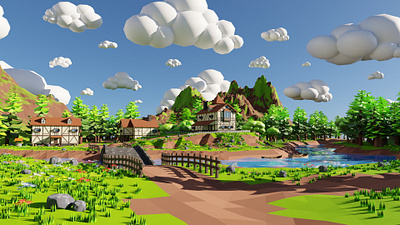 Isometric Small town 3D model 3d 3dmodel art blender3d bridge cartoon conceptart environment exterior forest game grass house isometric landscape lowpoly render rock tree