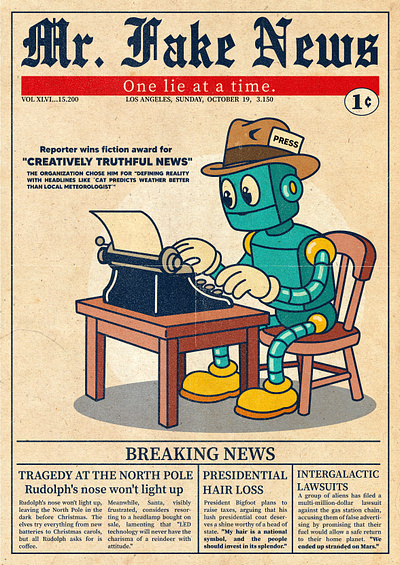 Mr. Fake News: Robot Journalist - Satirical Parody. branding cartoon character design illustration logo mascot retro art retro cartoon rubber hose t shirt vintage art vintage cartoon