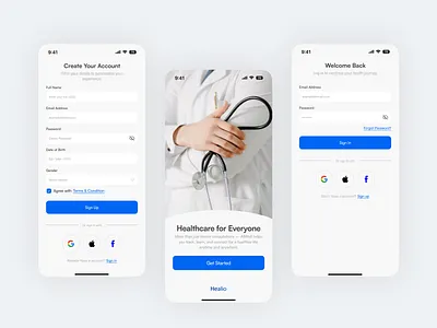 Healio - Healthcare For All app blue branding clean design doctor figma health home inclusive inclusiveui mental health mobile onboarding sign in sign up ui ux voice white