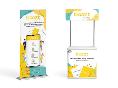 Trade Show Display Suite – Boozt Vitamin backdrop banner booth design branding cool design exhibit design simple wellnessstartup