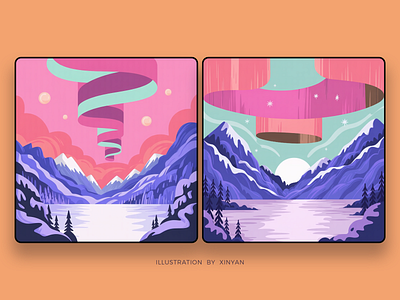 Dreamy Aurora Borealis and Mountain Lakes Illustration Duo adventure aurora borealis digital art dreamy environment fantasy art illustration lake view landscape illustration mountain mountain landscape nature nature scenery northern lights outdoor pink and teal stylized travel vector illustration web