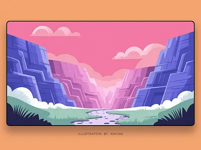 Sunset Canyon River Path Illustration adventure adventure background canyon landscape digital art environment illustration landscape illustration pink and purple river path stylized nature sunset scene travel vector illustratio vibrant colors web website hero