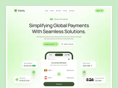Clarity – Global Payment Landing Page banking banking website design figma template fintech fintech landing page framer template graphic design landing page design figma modern website design product design saas saas landing page saas product saas website trendy design web design webflow template website design