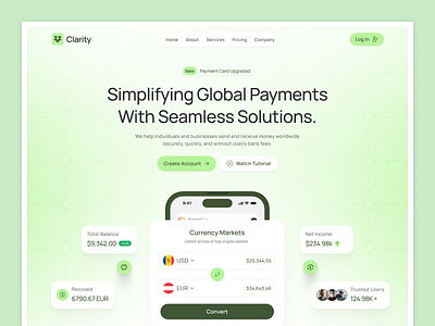 Clarity – Global Payment Landing Page banking banking website design figma template fintech fintech landing page framer template graphic design landing page design figma modern website design product design saas saas landing page saas product saas website trendy design web design webflow template website design