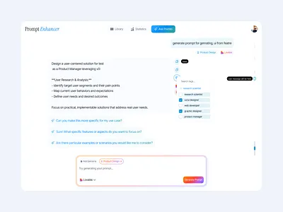Prompt Enhancer – Minimal AI Prompt Generator for Designers aichat aiui aiux chatui cleandesign figmadesign modernai productdesign promptui saas uiuxdesign