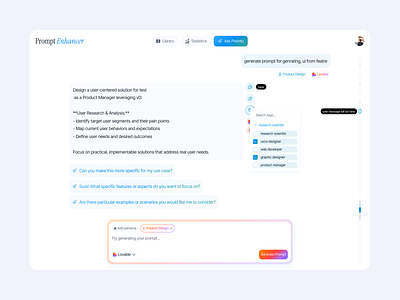 Prompt Enhancer – Minimal AI Prompt Generator for Designers aichat aiui aiux chatui cleandesign figmadesign modernai productdesign promptui saas uiuxdesign
