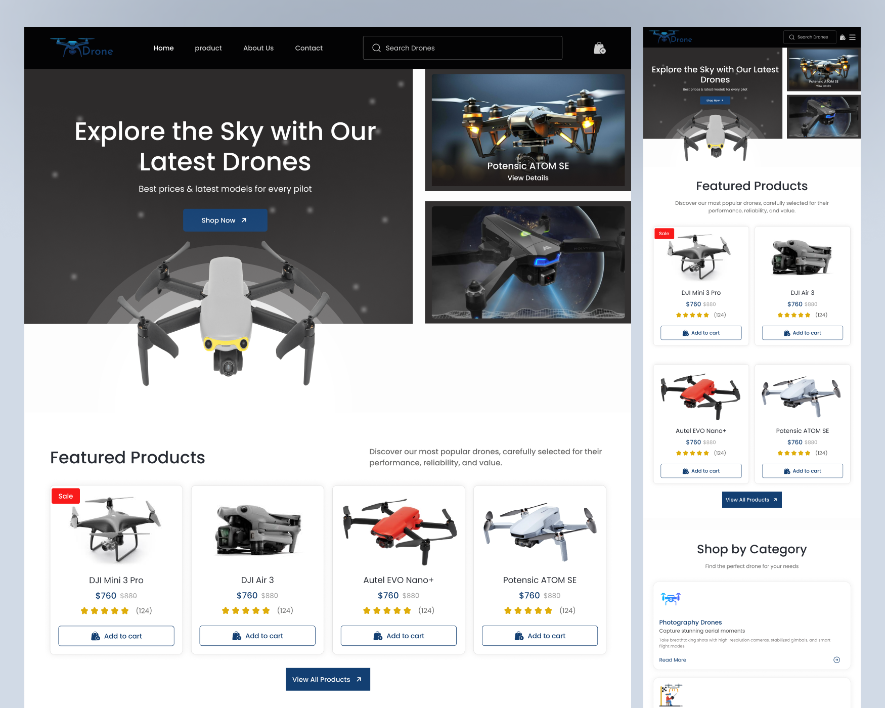 Drone E-Commerce Website droneshop dronestore dronewebsite ecommerceui landingpage onlinestore techdesign uxuidesign websitedesign