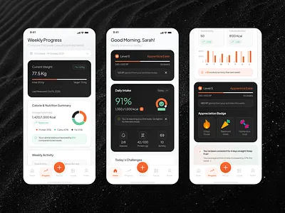 NutriKuest - Health & Wellness App achievement badge system bold branding calories tracker dark mode figma design gamification health hydration tracker modern design nutrition tracker orange progress tracker ui user experience user interface ux weight loss wellness