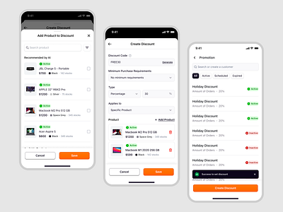 Ecomiq — Create and Manage Discounts for Mobile E-commerce crm dashboard discount ecommerce marketplace mobile app mobile design online shop online store order management product design promotion saas saas design ui ui design ux web builder