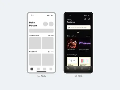 Low vs High fidelity screens cleanui figma mentalhealth minimal ui ux