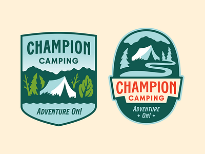 Champion Camping Logo Concepts badge camp camping concept logo mountains nature outdoors pine tent western wilderness