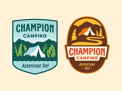 Champion Camping Logo Concepts badge camp camping concept logo mountains nature outdoors pine tent western wilderness