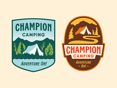 Champion Camping Logo Concepts badge camp camping concept logo mountains nature outdoors pine tent western wilderness