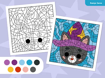Cute Halloween Cat in a Wizard Hat - Color by Number Fun! activity adobe illustrator cartoon cat character children color by number coloring book coloring page cute design for kids halloween illustration kindergarten magic vector wizard worksheet