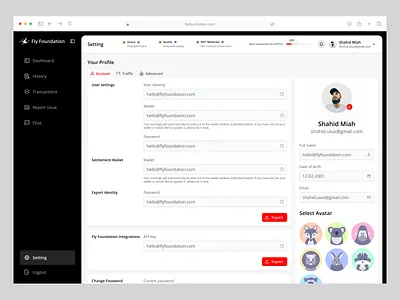 Fly Foundation - User Profile Dashboard UI app interface app ui application design dashboard logo mobile mobile app ui design mobile dashboard mobile ux product design profile ui saas product saas ui ux typography ui user account settings user profile vpn mobile app wavespace web design