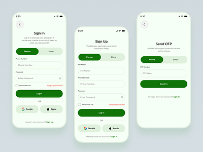 Sign In / Sign Up Screen Design app design change password confirm email create account delivery app forgot password ios app logout mobile app on time password onboarding parcel app password registration sign in signin signup terms of service