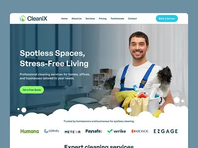 Cleanix – Professional Cleaning Services Website UI Design booking website design clean ux design cleaning agency branding cleaning company branding cleaning company ui cleaning landing page cleaning service website hero section home cleaning website janitorial service web design maid service website modern cleaning design office cleaning company peno lab service service business website web design website rebranding website redesign wordpress