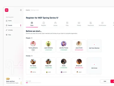 Team Registration Dashboard UI clean dashboard horses minimal modern shadcn ui user interface web app