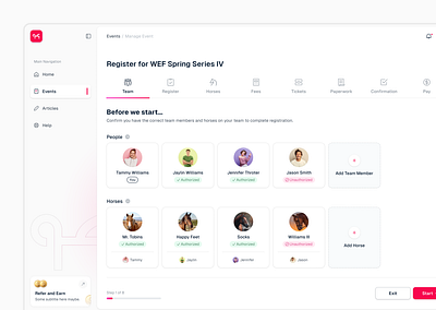 Team Registration Dashboard UI clean dashboard horses minimal modern shadcn ui user interface web app