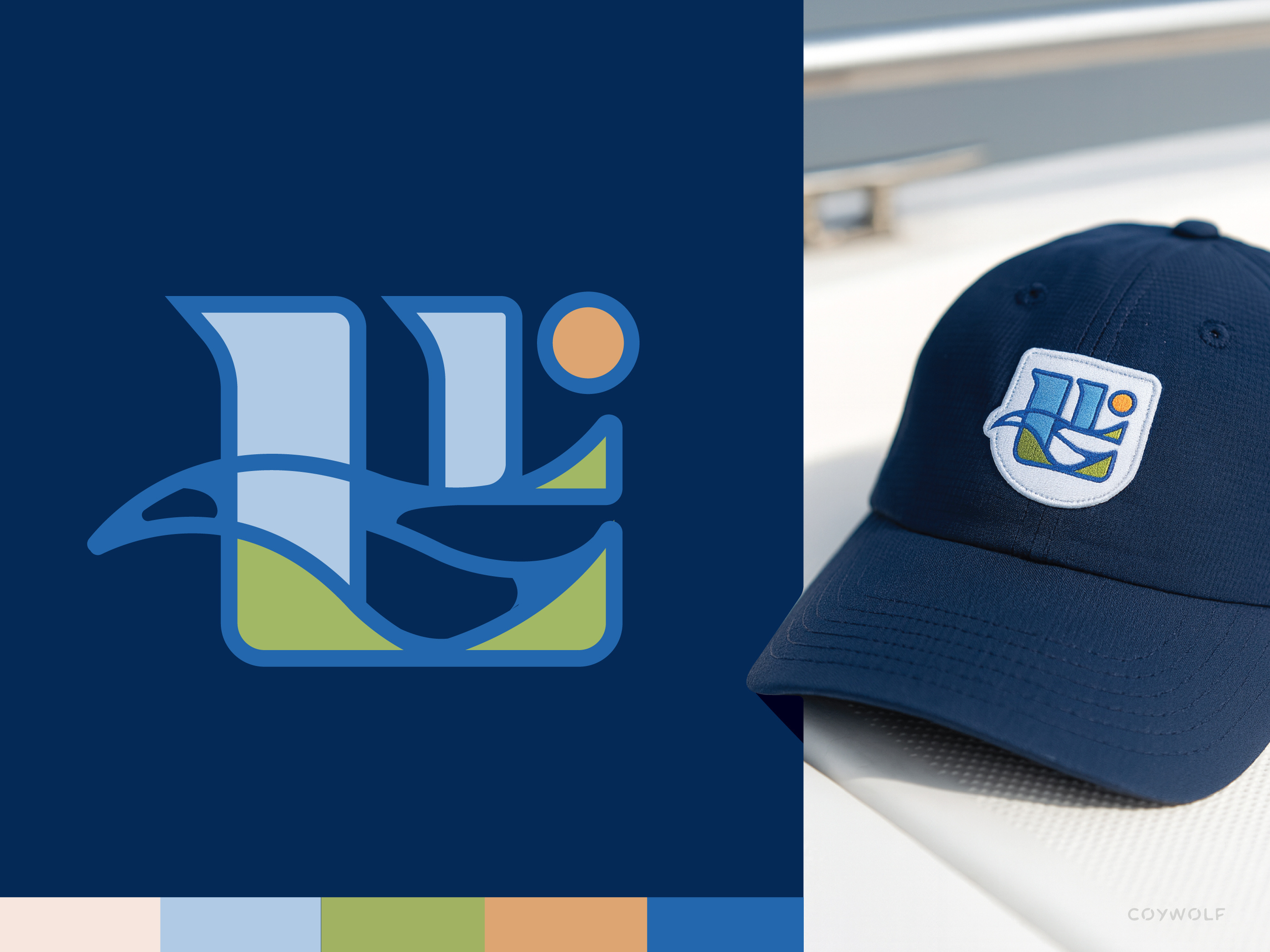 New England River L Monogram badge branding connections elegant embroidery flowing graphic design hat identity illustration lettering logo logo design logo designer monogram nautical river shield vintage